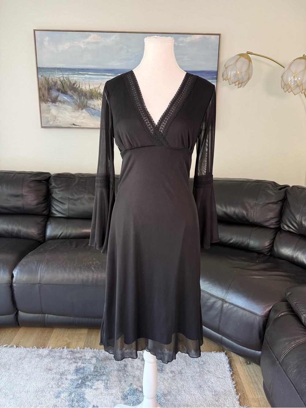 La Belle Vintage Black Lace Bell Sleeve Dress Tie Back Mesh Dark Witchy Goth S M